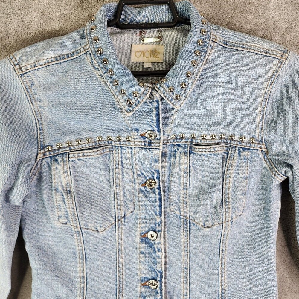Womens Cache Studded Blue Denim Jean Jacket Button Up Long Sleeve Cotton Size L - Picture 2 of 8